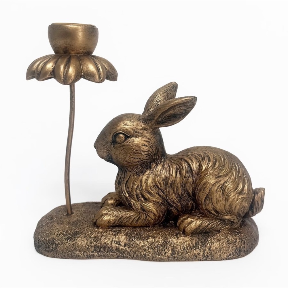 My Texas House Lying Bunny and Flower Taper Candle Holder, Bronze, 5.75"